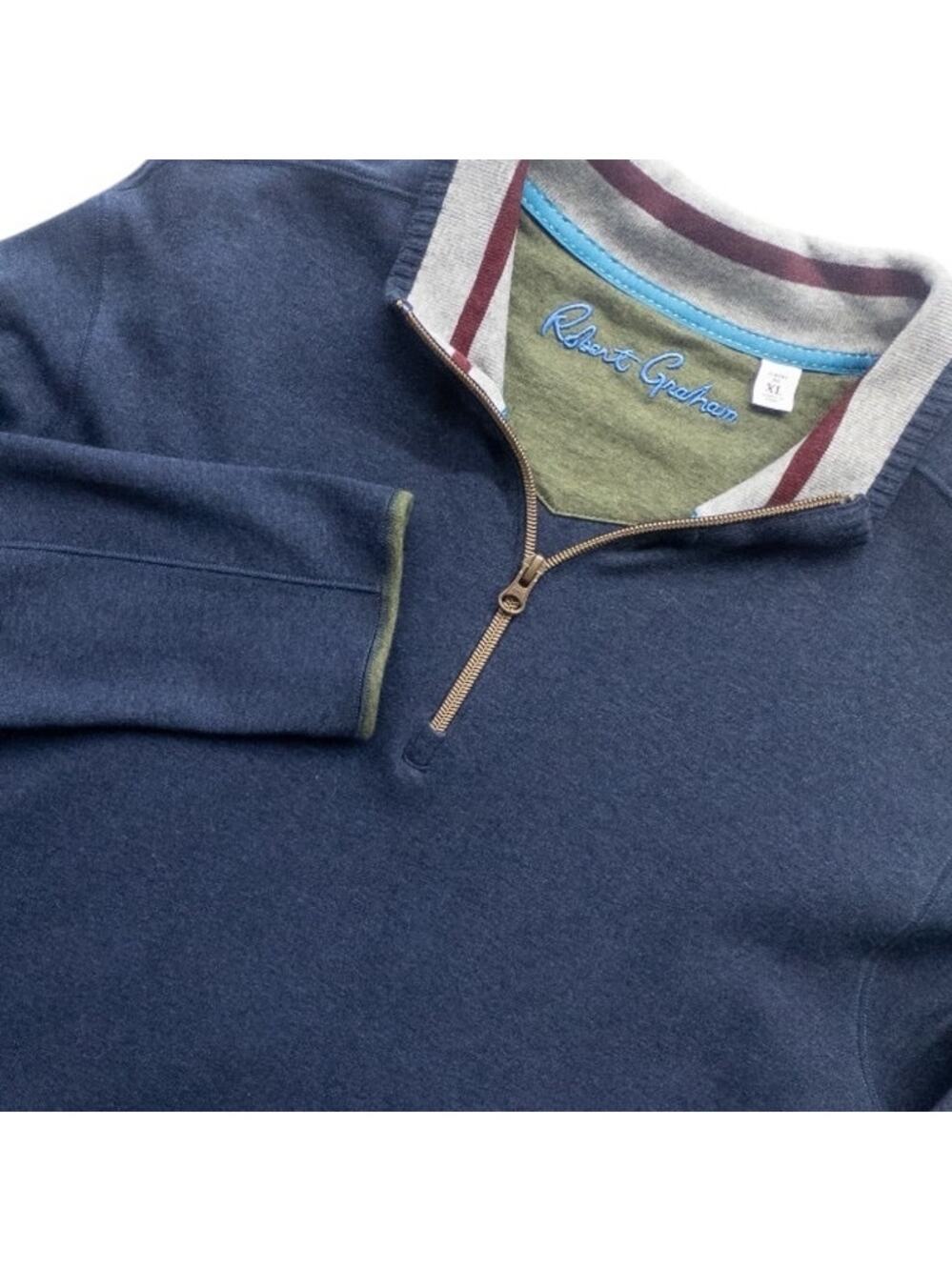 Robert Graham 1/4 Zip Pullover Sweater Men's XL Navy Blue Mock Neck Cotton